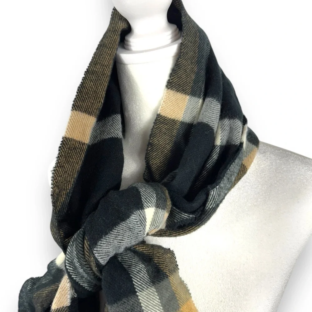 100% Cashmere Hand Tailored Made In Germany Neutral Plaid Unisex Scarf, 12x63 - Picture 1 of 11